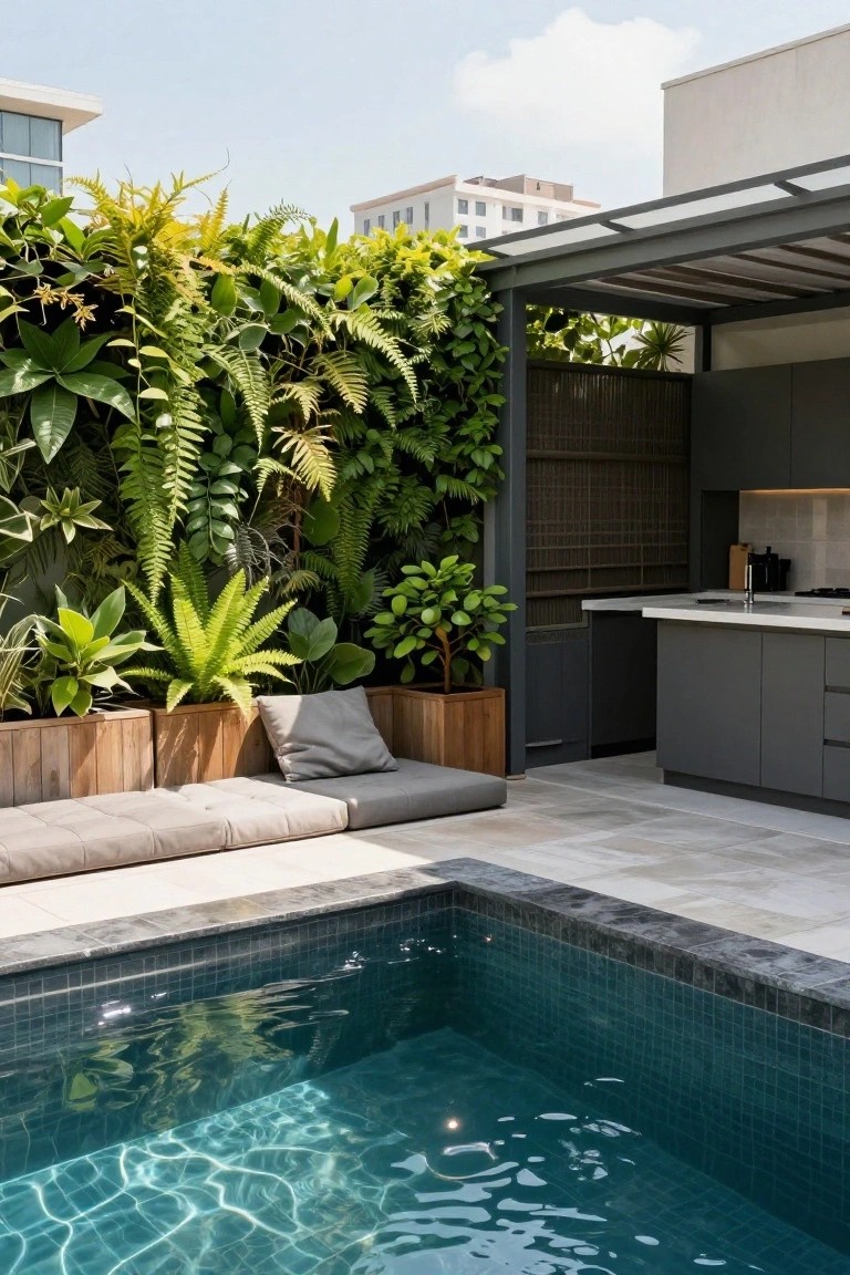Outdoor pool area featuring a dark-tiled pool, adjacent sleek gray outdoor kitchen, built-in cushioned bench on wooden base, potted plants, and a tall lush green vertical plant wall under a metal pergola structure.
