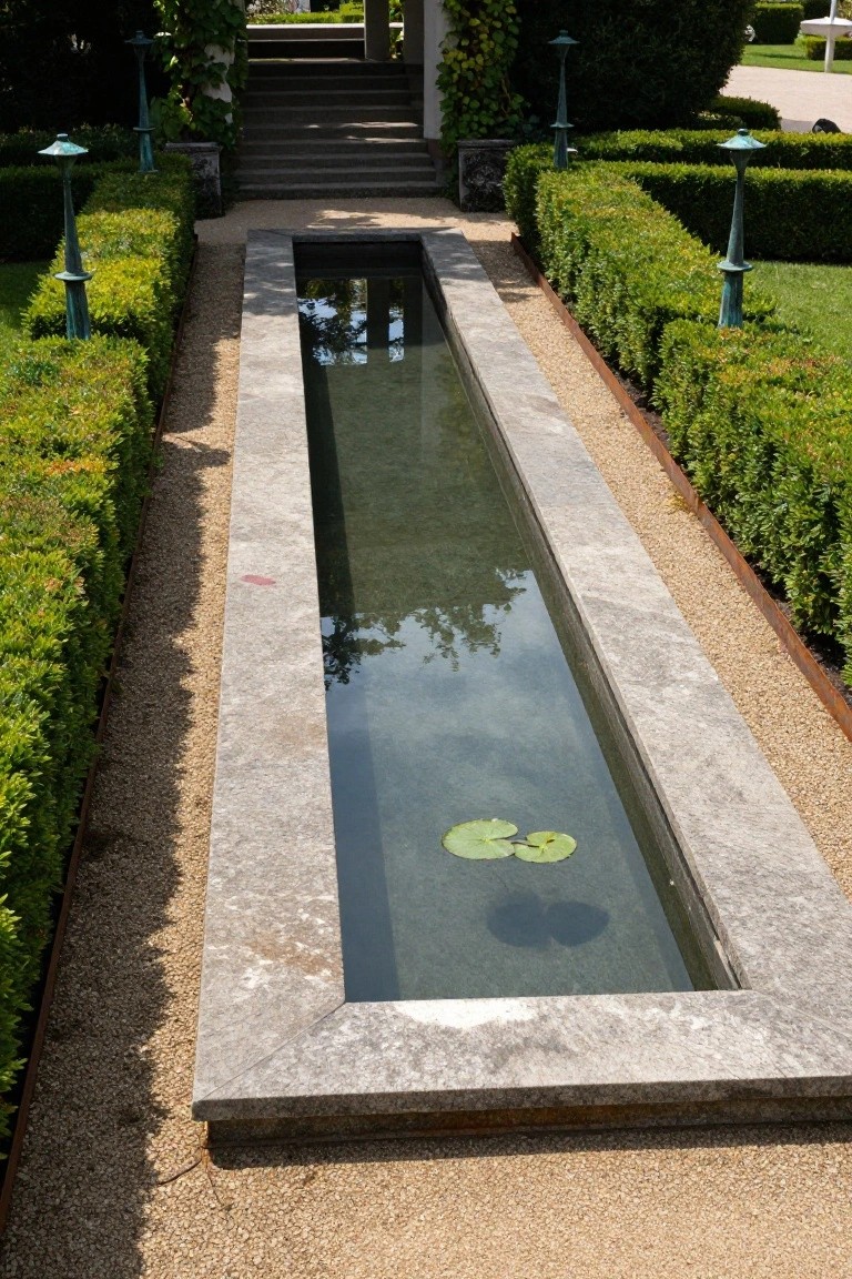 Long narrow stone-lined reflecting pool with water lilies and clear reflections, bordered by manicured boxwood hedges, gravel paths with metal edging, and bronze lanterns in a formal garden.