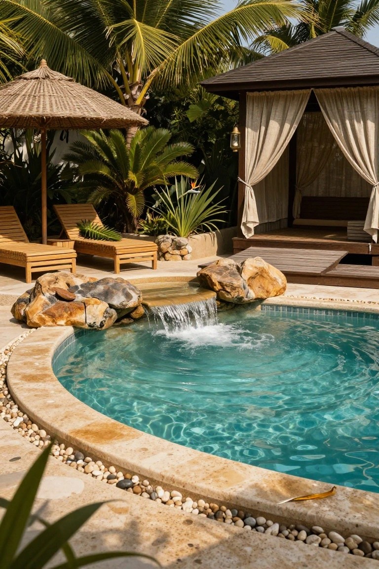 Circular turquoise pool edged in beige stone with large natural boulders and a cascading waterfall, flanked by wooden loungers under a thatched umbrella, tropical plants, and a curtained wooden pavilion.
