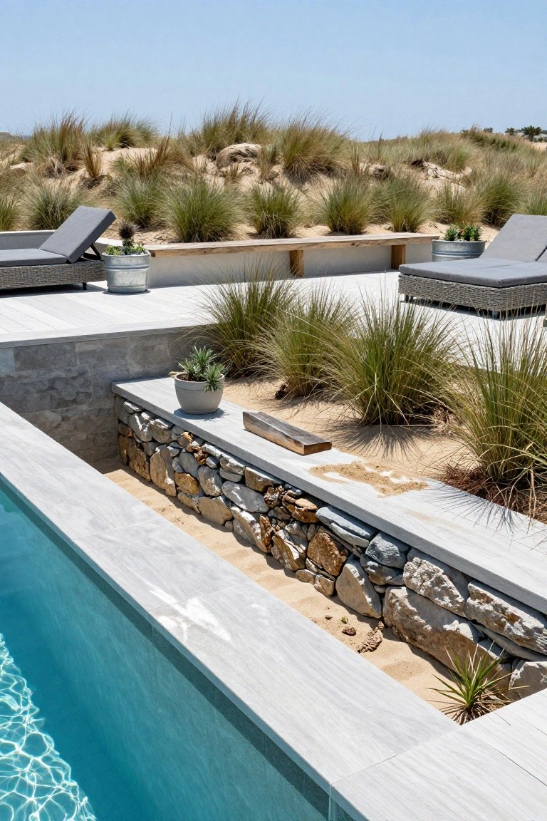 Angled view of a rectangular pool with white stone coping along the edge, featuring a lower dry-stacked stone wall backing sand-filled beds with dune grasses and small plants, adjacent wooden deck with gray lounge chairs, and distant beach dunes under blue sky.
