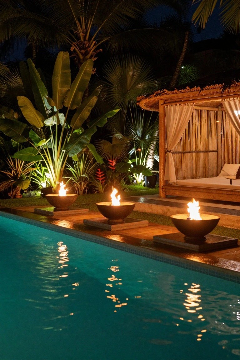 Nighttime photo of a lit swimming pool with three terracotta fire bowls along the edge showing orange flames, surrounded by tropical plants and a bamboo pavilion with curtains and a daybed.