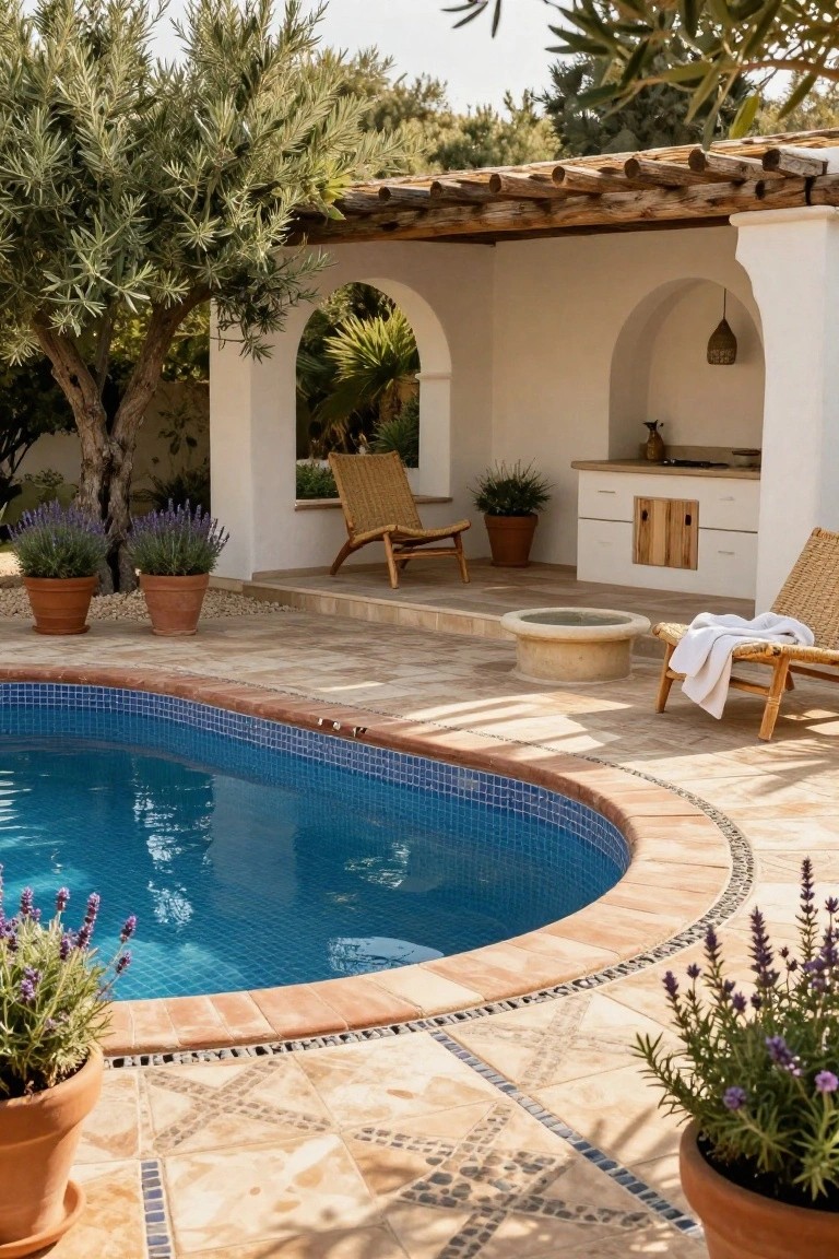 Curved blue mosaic-tiled swimming pool surrounded by terracotta patio tiles, rattan loungers with white towel, white stucco outdoor bar under wooden pergola, potted lavender and olive trees.