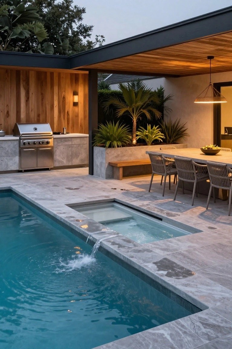 Outdoor pool with attached spillover spa and waterfall, adjacent stainless steel BBQ kitchen, wooden dining table with rattan chairs under covered patio, tropical plants, and grey stone decking at dusk.