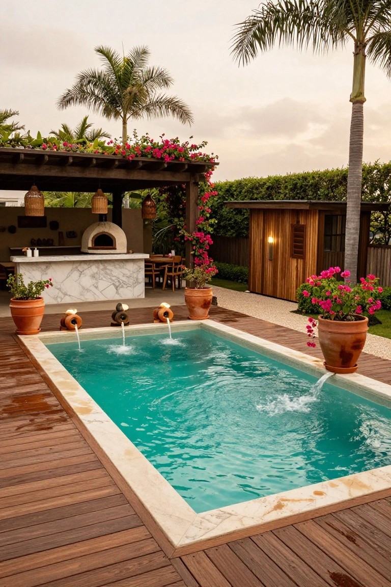 A turquoise rectangular plunge pool with water cascading from three terracotta jar-shaped fountains positioned on a wooden deck edge, adjacent to an outdoor kitchen with pizza oven, marble counter, pergola with hanging lanterns, potted plants, and tropical landscaping including palms and bougainvillea.