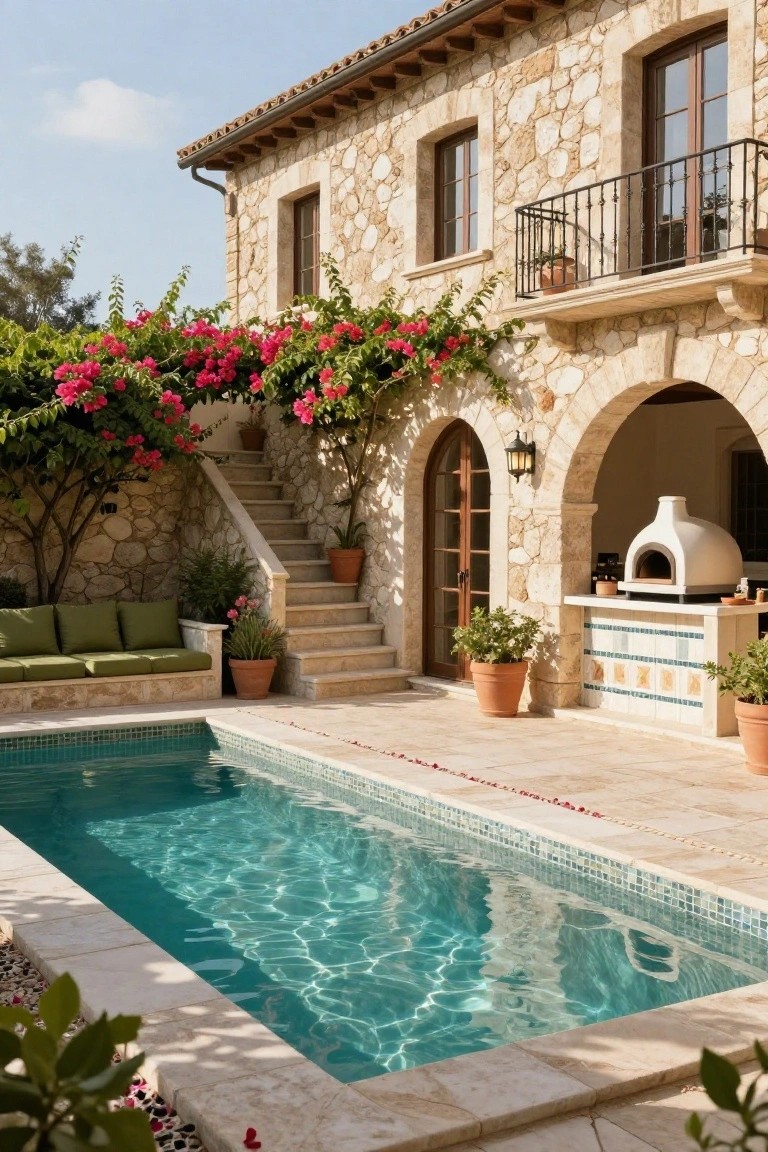 Narrow turquoise overflow pool in a stone-paved courtyard beside a beige stucco house with arched doorways, wooden doors, green cushioned bench seating, potted plants, climbing pink bougainvillea vines, and a white domed pizza oven on a tiled counter.