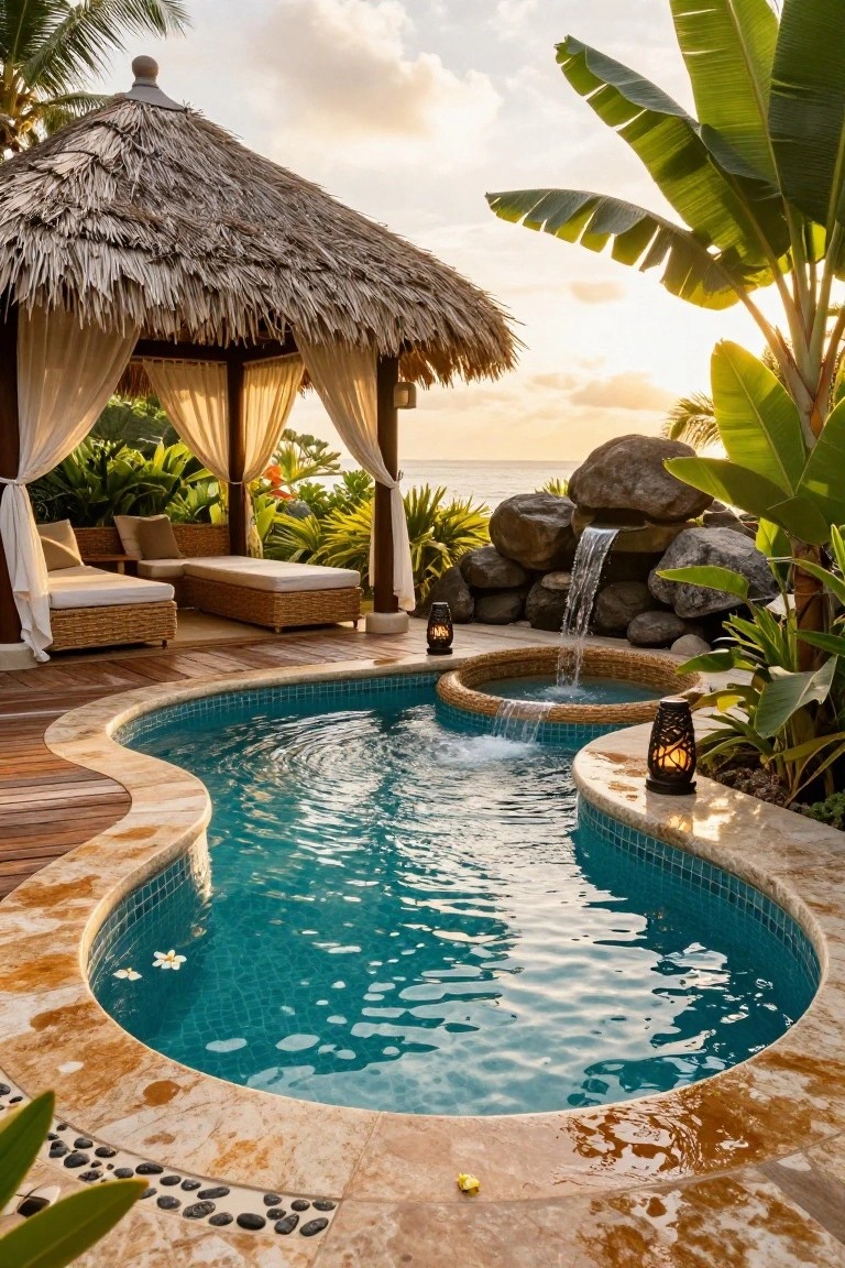 Curved turquoise-tiled overflow pool with water cascading from a stacked rock waterfall into it, surrounded by tropical plants, a thatched pavilion with cushioned loungers on a wooden deck, and ocean view at sunset.