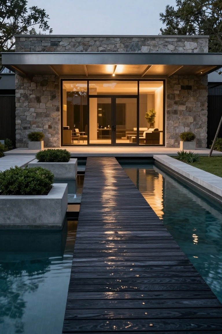 Modern stone-clad house with large glass entry doors at dusk, approached by a dark wooden boardwalk spanning a narrow turquoise overflow pool flanked by concrete planters with shrubs.