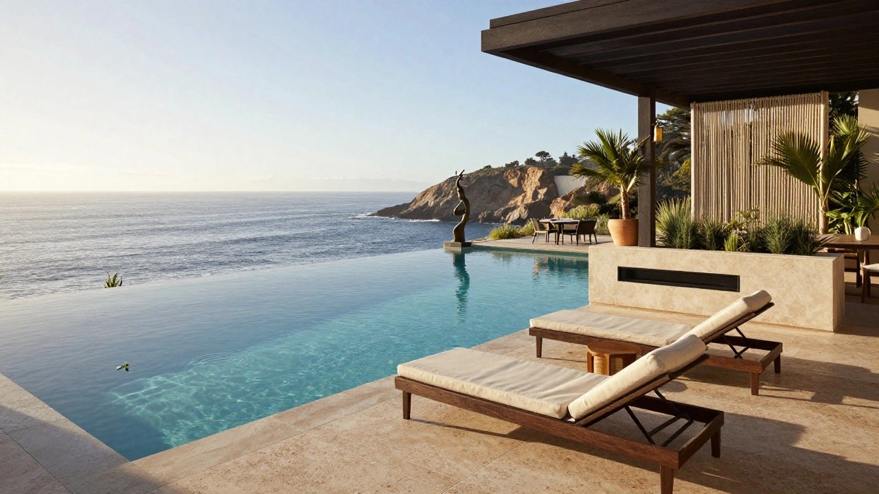 Infinity edge pool with two pairs of beige cushioned teak lounge chairs on light beige travertine patio tiles, overlooking the ocean, with tropical plants, a fire feature wall, sculpture, and thatched pergola nearby.
