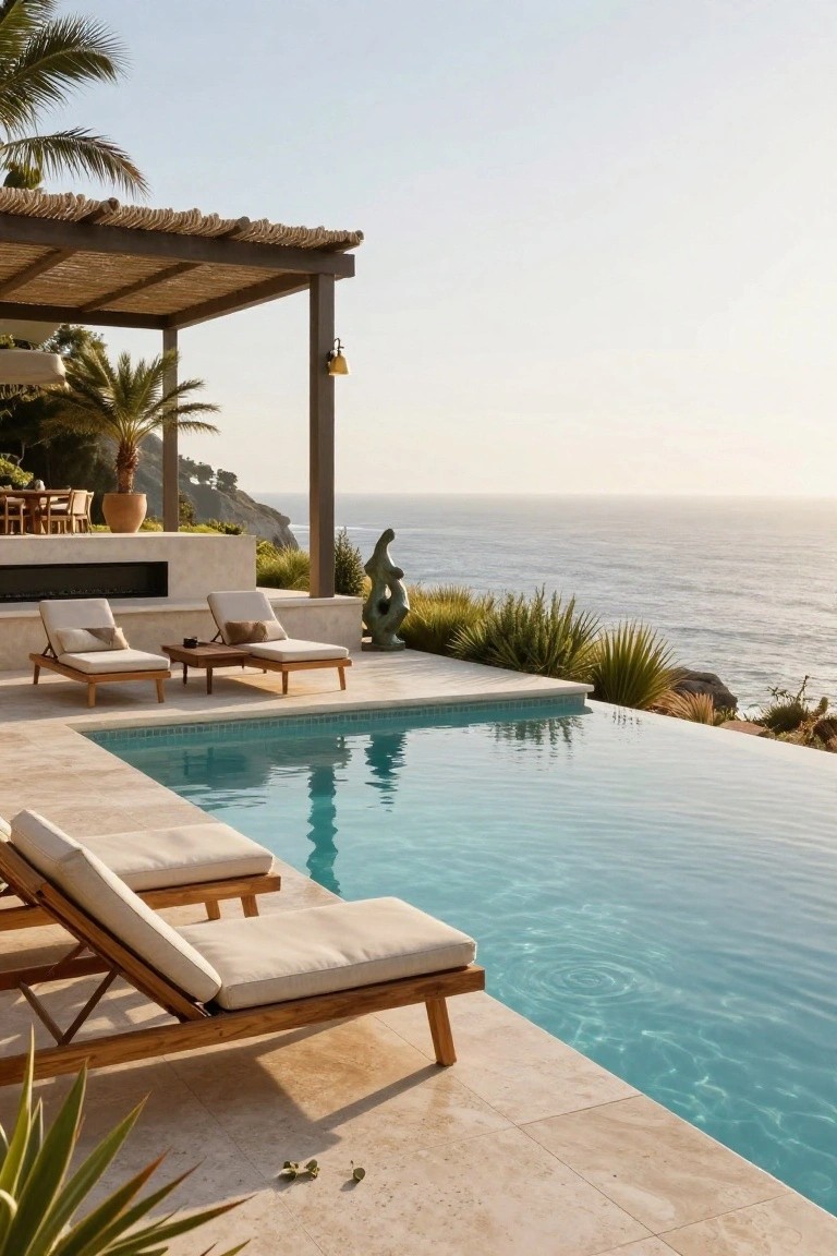 Infinity edge pool with two pairs of beige cushioned teak lounge chairs on light beige travertine patio tiles, overlooking the ocean, with tropical plants, a fire feature wall, sculpture, and thatched pergola nearby.
