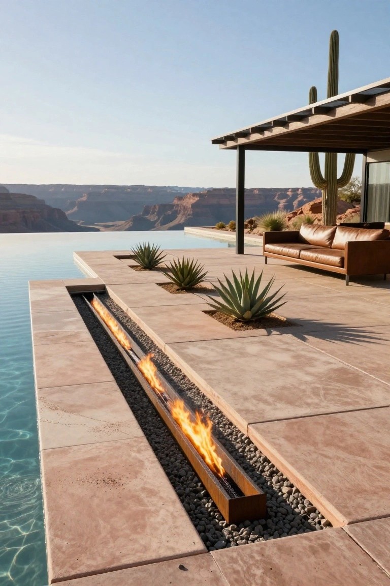 Infinity edge pool on a stone terrace overlooking red rock cliffs and desert landscape, with a linear stainless steel fire pit filled with pebbles and burning flames along the pool edge, agave plants in square planters, a brown leather sofa nearby, saguaro cacti, and a modern house with metal pergola.
