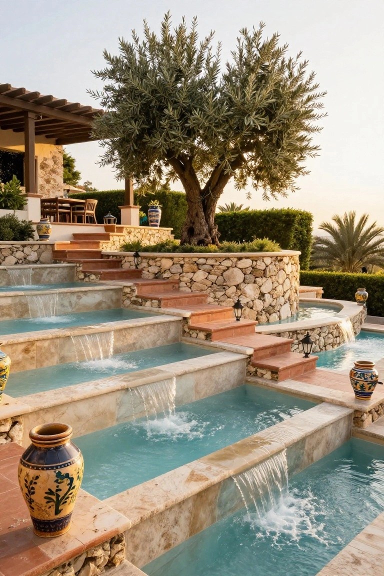 Terraced outdoor steps with multiple rectangular pools of turquoise water overflowing down levels, built into beige stone walls and red terracotta treads, surrounded by olive trees, hedges, lanterns, and ceramic pots.