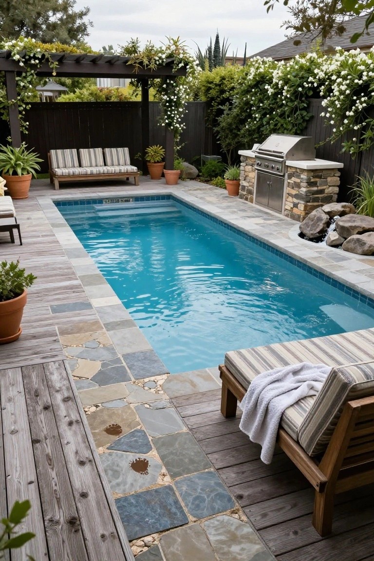 Narrow rectangular swimming pool with blue water and overflow edges into stone channels, surrounded by wood decking on one side, stone tiling on the other, lounge chairs, potted plants, vine-covered pergola, and built-in barbecue against a wooden fence in a backyard.