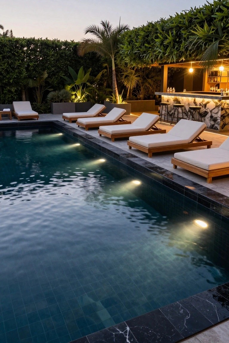 Rectangular infinity-edge pool with dark teal tiles and black marble coping, lined by teak loungers with white cushions, next to a small bar under tropical greenery at twilight.