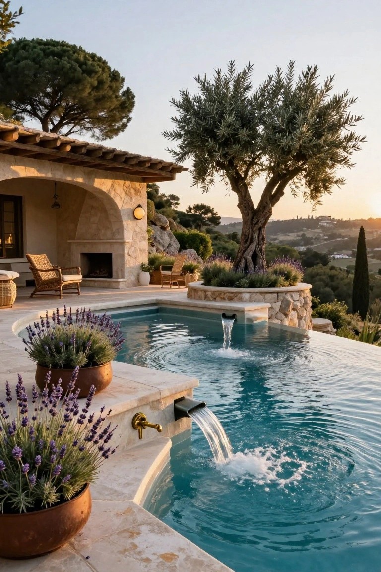 Infinity edge pool overflowing into a curved stone terrace with a brass waterfall spout pouring into the turquoise water, flanked by potted lavender plants and adjacent outdoor seating area with stone fireplace.