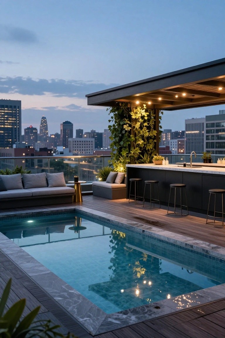 Rooftop terrace with rectangular infinity pool edged in white marble, adjacent black bar counter with stools, gray lounge seating, green wall planter, wooden decking, and city skyline view at dusk.