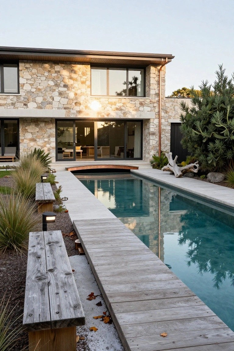 Rectangular turquoise overflow swimming pool next to a modern stone house with large glass doors, edged by light gray wooden decking with built-in benches, stone paving, ornamental grasses, and trees.