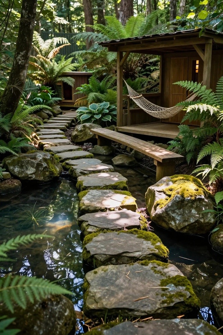 Moss-covered flat stepping stones crossing a narrow clear stream in a dense fern garden with rocks, wooden shelters, hammock, and bench.