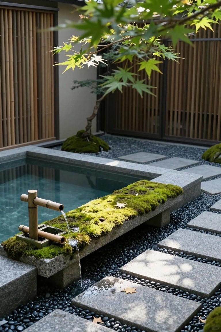 Small rectangular pool with bamboo fountain spouting water onto mossy stone platform edged in granite, surrounded by black gravel, stone pavers, moss-covered rocks, bonsai trees, and bamboo screens.