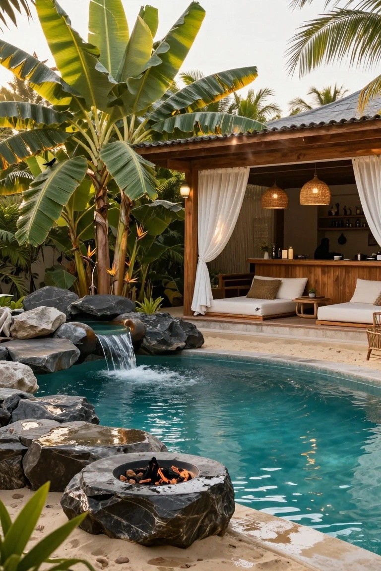 Outdoor pool edged with large dark boulders featuring a waterfall cascading into the turquoise water, a circular stone fire pit adjacent to the pool, tropical plants, sandy ground, and a wooden pavilion with bar and cushioned seating in the background.
