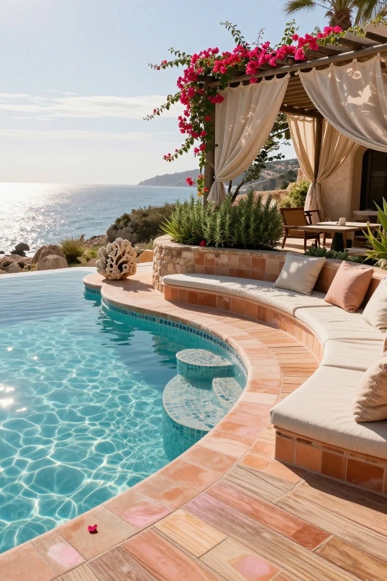 Infinity-edge pool with curved terracotta bench seating topped with beige and pink cushions, surrounded by plants, coral sculpture, and ocean view under a draped pergola.