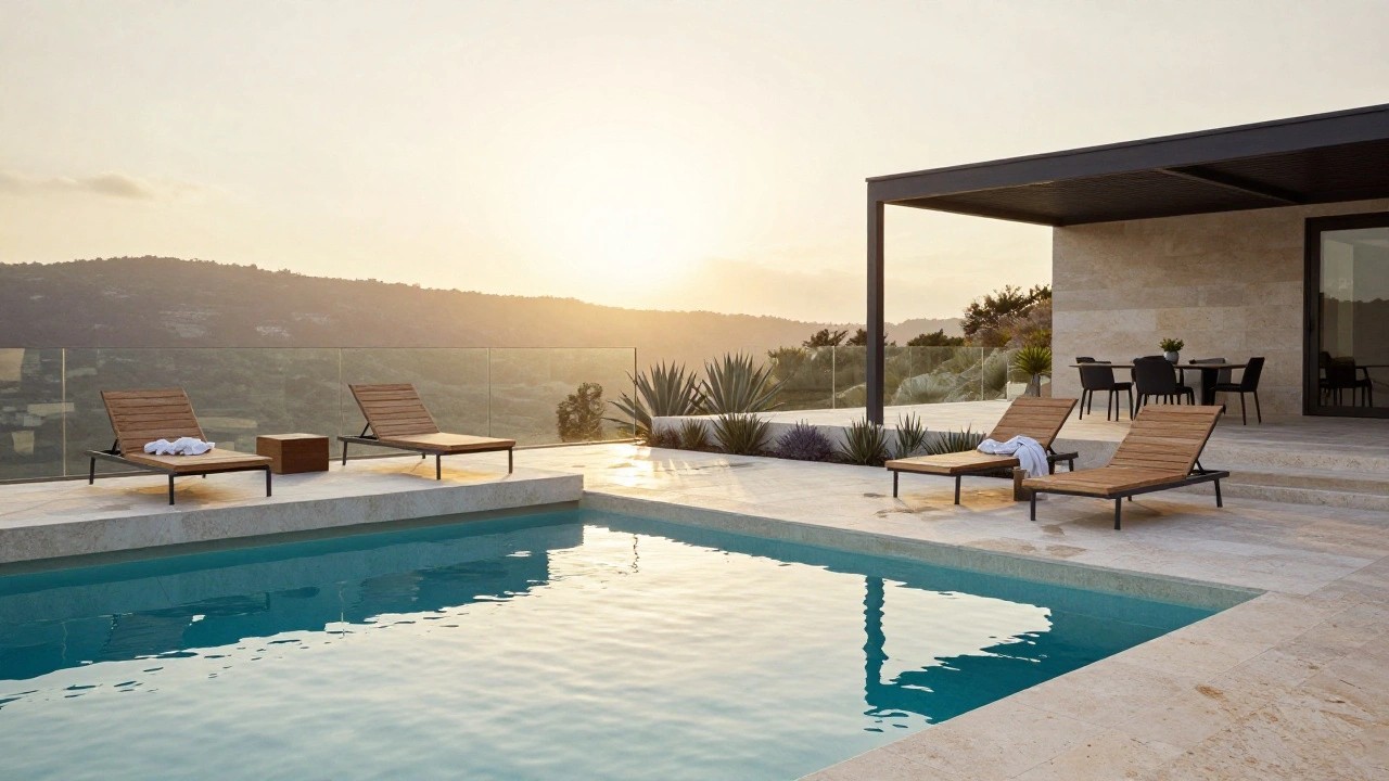 Infinity edge pool on a travertine terrace with wooden loungers and white towels, overlooking rocky hills and distant city at sunset, next to a modern house with glass railing.