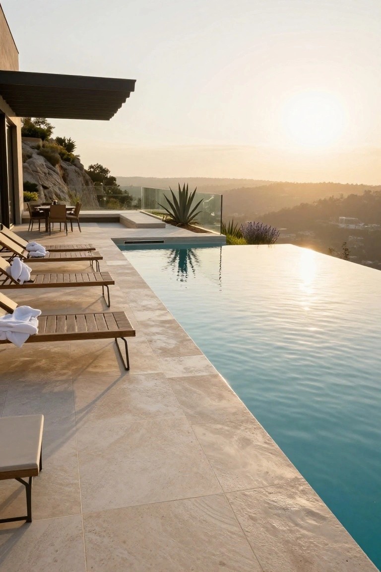 Infinity edge pool on a travertine terrace with wooden loungers and white towels, overlooking rocky hills and distant city at sunset, next to a modern house with glass railing.