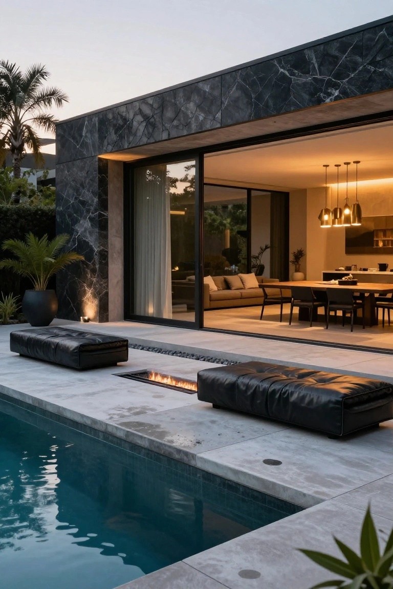 Modern house with black marble cladding and open sliding glass doors revealing an indoor dining area, flanked by black leather benches on either side of a linear fire pit on a stone pool deck next to a turquoise pool, surrounded by tropical plants at dusk.