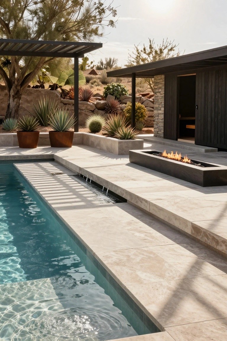 Outdoor pool deck with a long linear gas fire pit parallel to the infinity-edge pool, flanked by potted agaves and desert plants under a metal pergola.