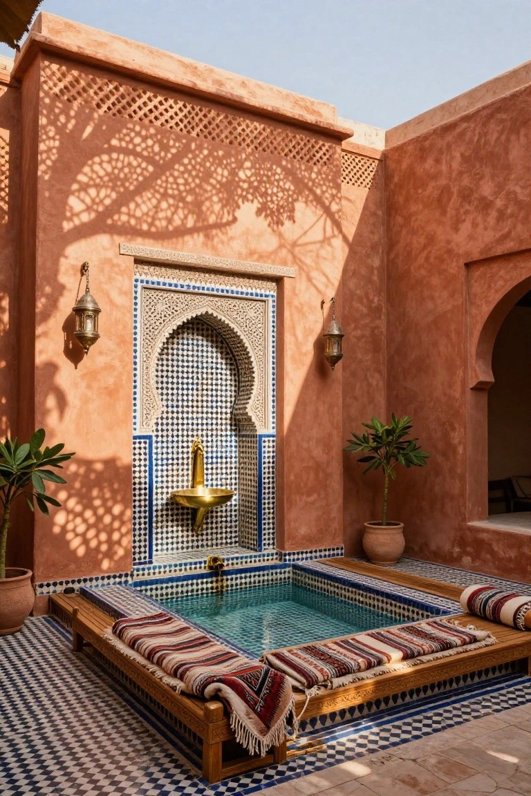 A small rectangular turquoise pool in a terracotta-walled Moroccan-style courtyard, with a blue and white tiled arched fountain, hanging lanterns, potted plants, and wooden benches topped with colorful striped rugs and cushions.