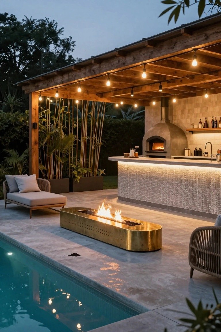 Outdoor pool deck at dusk with a rectangular gold fire pit containing flames, adjacent lounge chairs, a pergola-covered bar with wood-fired oven and string lights, potted plants, and turquoise pool water.