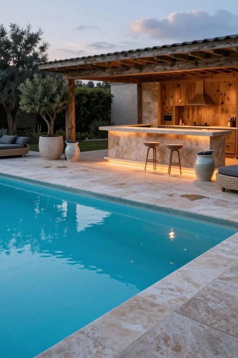 A covered wooden pergola shelters an outdoor kitchen bar with travertine countertop, wooden cabinets, two bar stools, and under-bar lighting next to a turquoise rectangular pool on travertine decking, with lounge seating, potted plants, olive trees, and hedges at dusk.