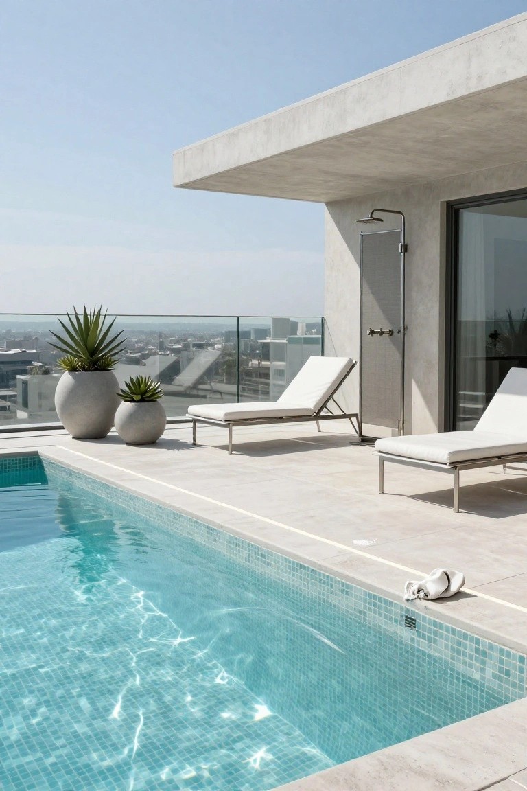 Rooftop terrace with turquoise mosaic infinity pool, adjacent concrete outdoor shower with rain showerhead, two white lounge chairs, large gray pots with agave plants, glass railing, and cityscape view.