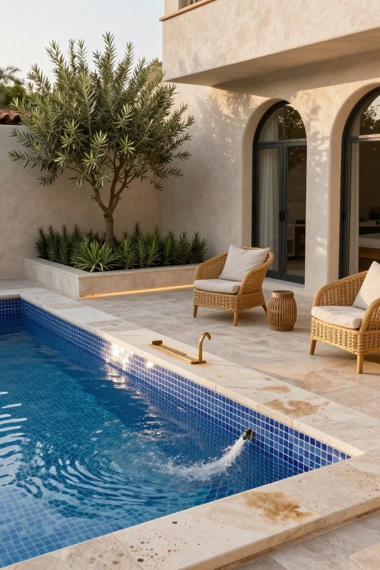 Rectangular blue mosaic-tiled pool with water spilling from a brass spout on beige travertine deck edge, two beige rattan armchairs with white cushions and a matching rattan stool nearby, olive tree in rectangular planter, green plants, and beige stucco house wall with arched black-framed windows.