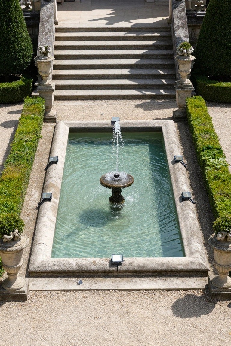Aerial view of a rectangular stone-lined pool with a central fountain in a formal garden, surrounded by boxwood hedges, stone urns, gravel paths, and stairs leading to a building.