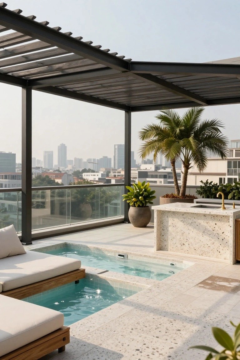 Rooftop terrace with a small rectangular turquoise plunge pool next to beige cushioned wooden loungers, a light stone deck, outdoor kitchen counter, potted palm tree and plants, glass railing, black metal pergola overhead, and city buildings in the distance.