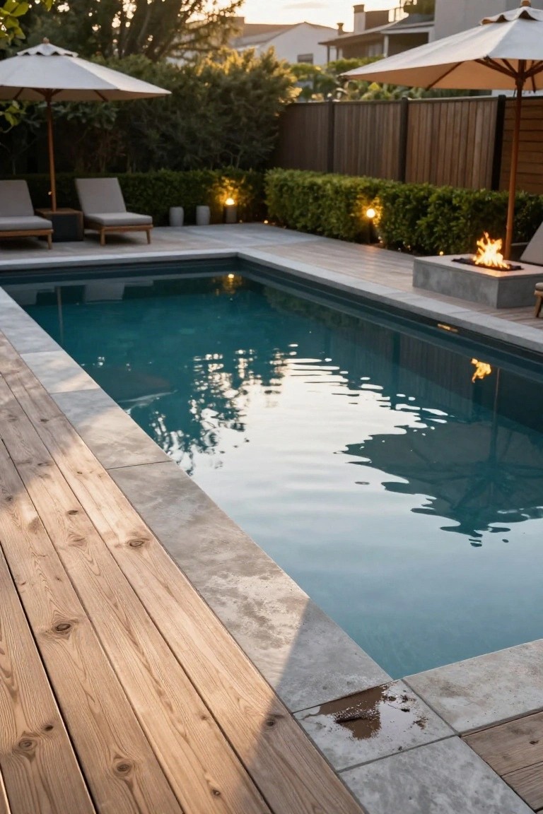 Rectangular turquoise pool with gray stone coping and adjacent warm wood decking, flanked by loungers under beige umbrellas, hedges, and a concrete fire pit with flames.