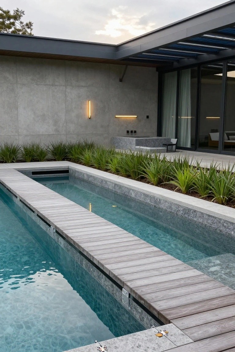 Narrow rectangular pool with light wooden walkway spanning lengthwise across it, edged in concrete and surrounded by clumps of tall grass plants, next to a modern house with concrete walls and glass doors.