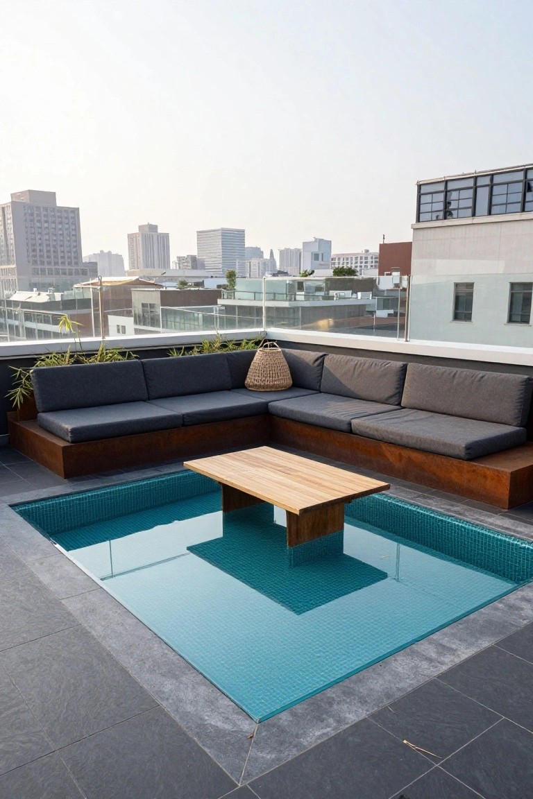 Rooftop terrace with L-shaped built-in bench seating in dark cushions surrounding a small square pool tiled in teal mosaics, a wooden table centered in the pool, and city buildings in the background.