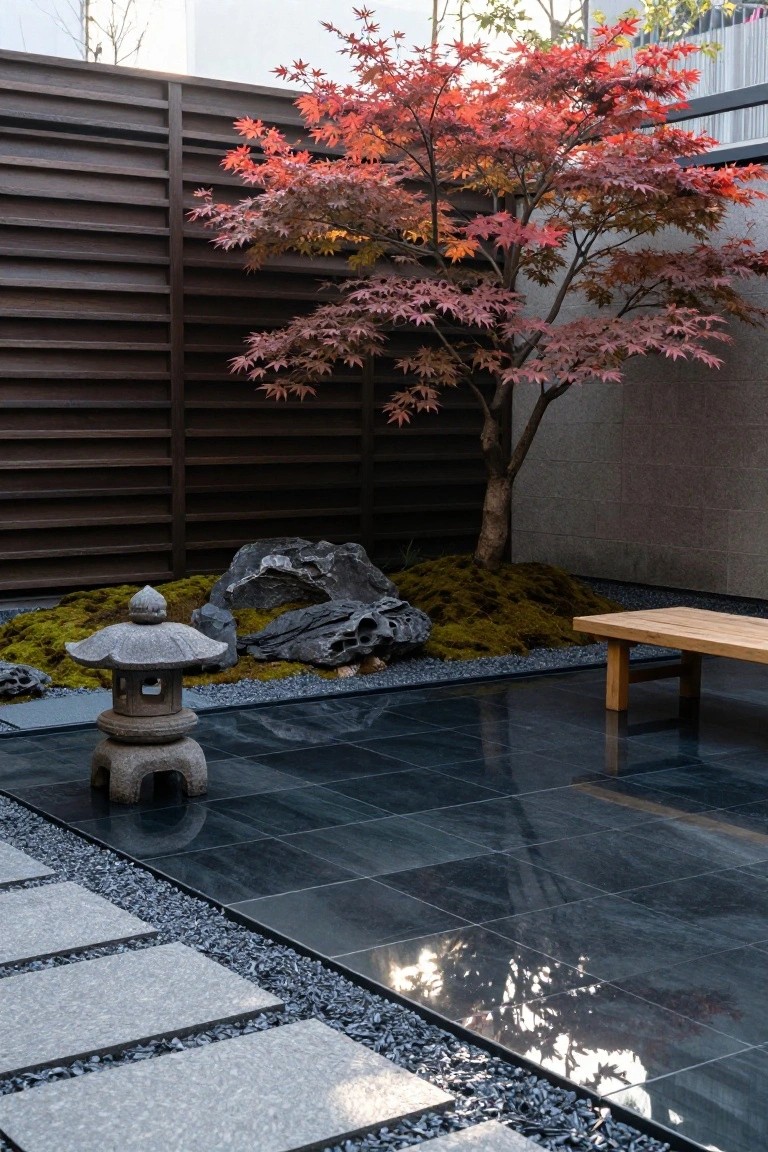 Outdoor terrace with glossy dark tiles, wooden bench, stepping stones in gravel, stone lantern, moss-covered rocks, and red Japanese maple tree against a wooden slat fence.