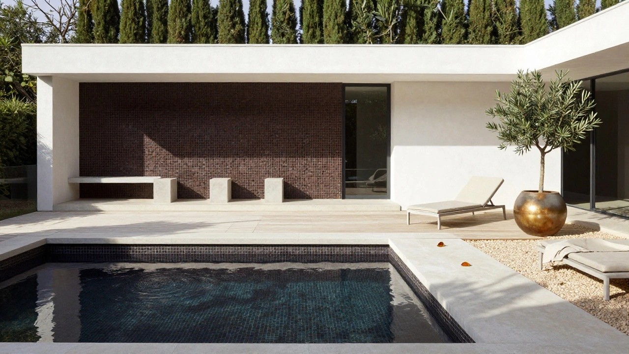 Small rectangular pool with black mosaic tiles and clear water, surrounded by light wood decking and stone coping, gray lounge chair with towels, wooden bench, concrete stool, bronze bowl, large concrete pot with olive tree, white wall, glass fence, and tall cypress trees in background.