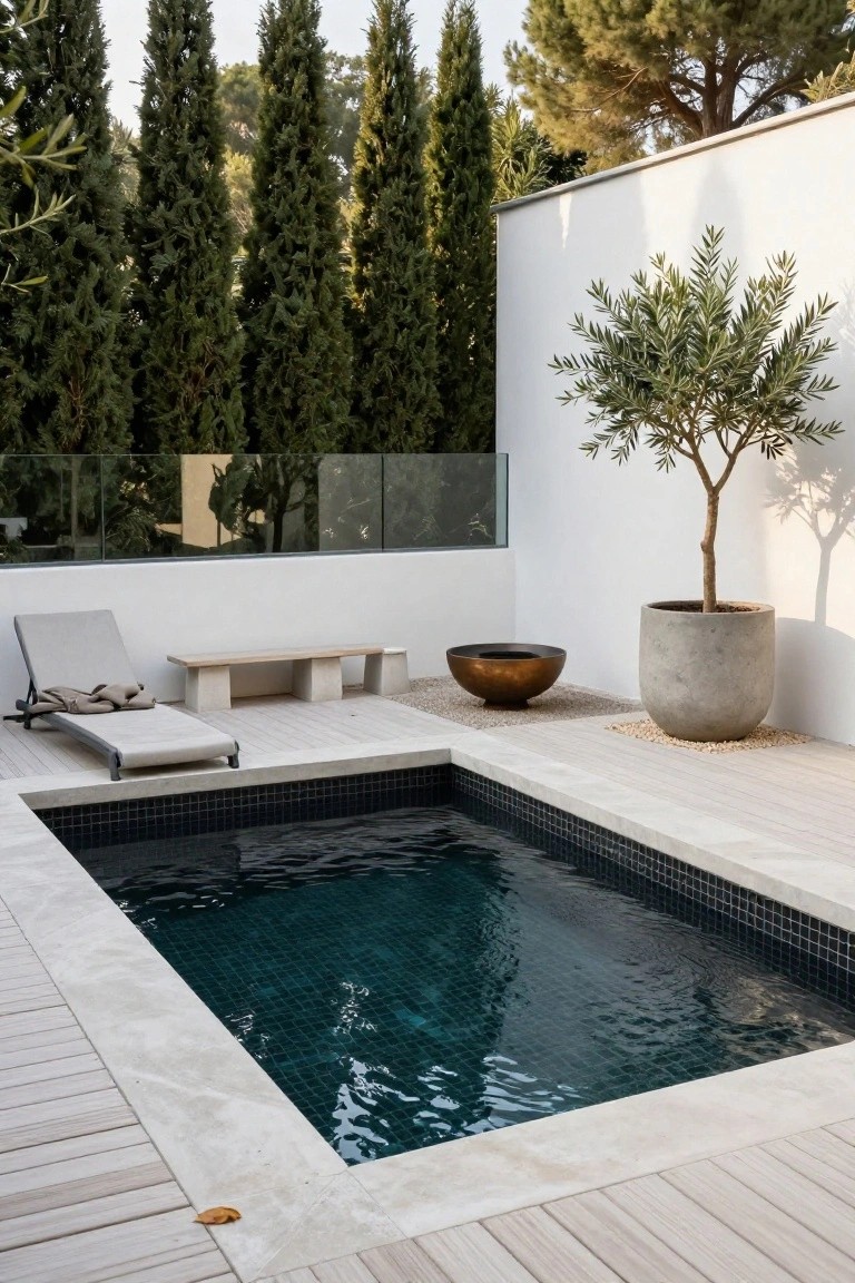 Small rectangular pool with black mosaic tiles and clear water, surrounded by light wood decking and stone coping, gray lounge chair with towels, wooden bench, concrete stool, bronze bowl, large concrete pot with olive tree, white wall, glass fence, and tall cypress trees in background.