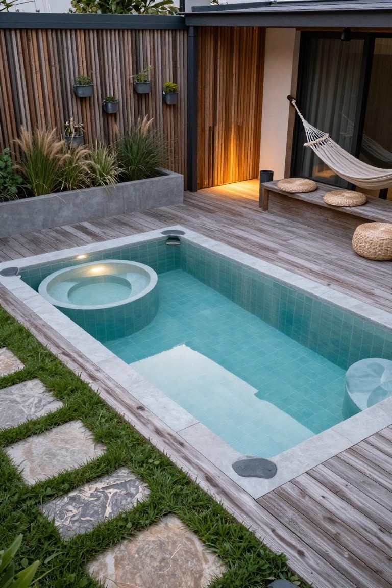 Small rectangular turquoise-tiled plunge pool with central circular spa on wooden deck surrounded by plants, grass stepping stones, benches, hammock, and partial house view.