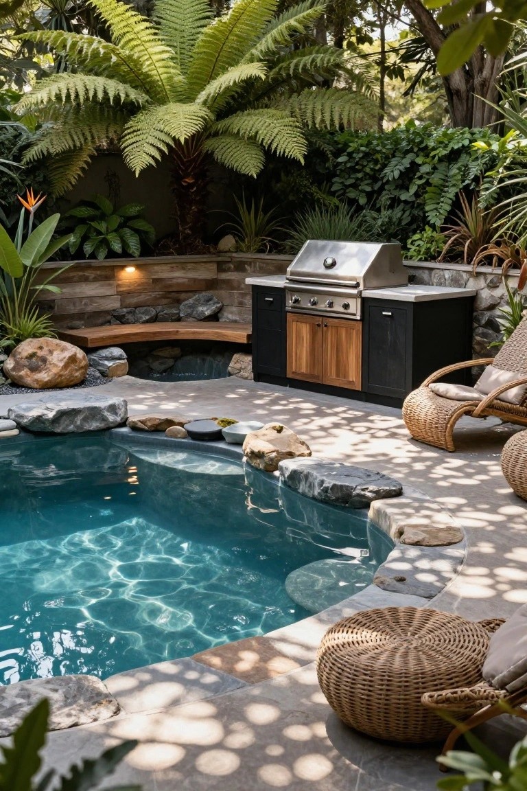 Small turquoise pool with natural rock and stone edging, next to a built-in stainless steel barbecue grill on black and wood cabinetry, surrounded by tropical plants, ferns, boulders, and wicker chairs on a paved patio.