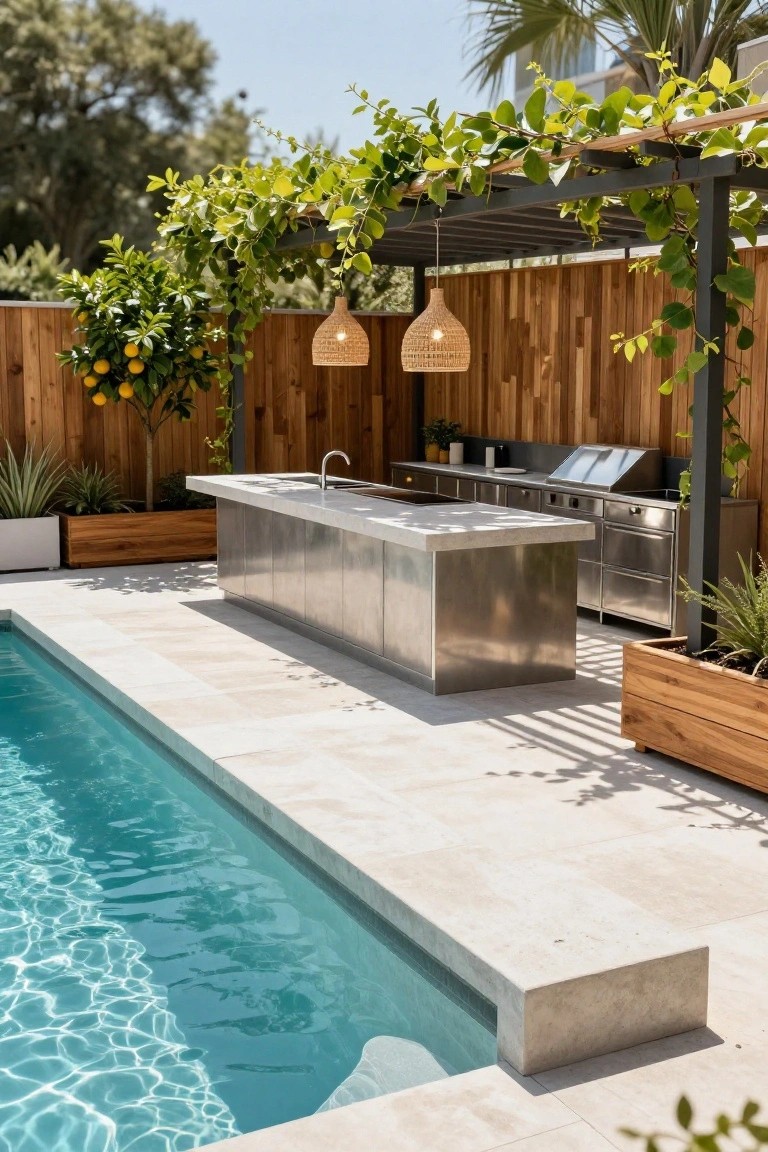 Stainless steel outdoor kitchen island with sink, grill, and cabinets positioned adjacent to a turquoise lap pool, under a vine-covered metal pergola with rattan hanging lights, wooden fence, and potted plants.