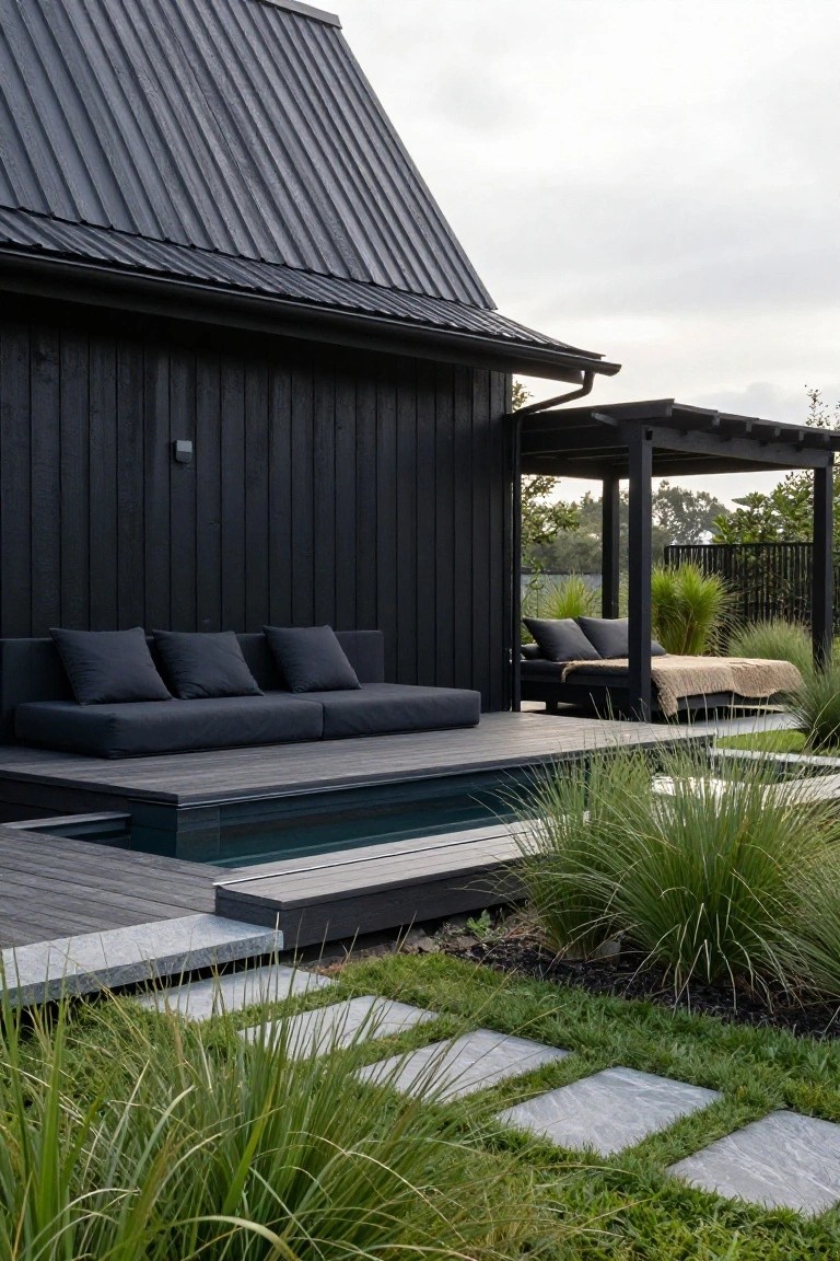 Black wood-clad house side with raised dark deck platform holding L-shaped sofa with gray cushions, adjacent narrow rectangular pool, tall ornamental grasses, gray stone path steps, and distant pergola with daybed.