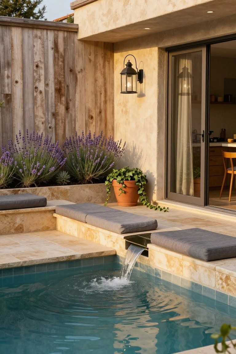 Outdoor pool with raised beige travertine steps topped by gray cushions, a narrow waterfall flowing from the steps into turquoise pool water, lavender plants in raised beds along a wooden fence, and beige stucco house wall with sliding glass doors.