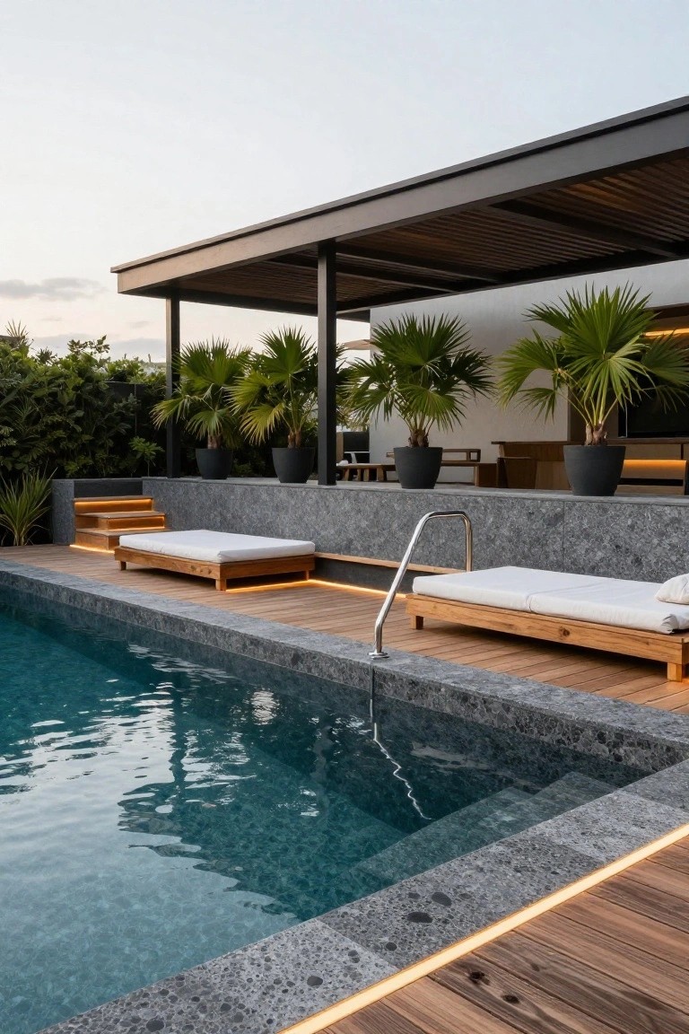Modern infinity-style pool with gray stone edging, adjacent wooden deck platform with two low daybeds topped by white cushions, flanked by black planters with palm trees and a covered terrace behind.