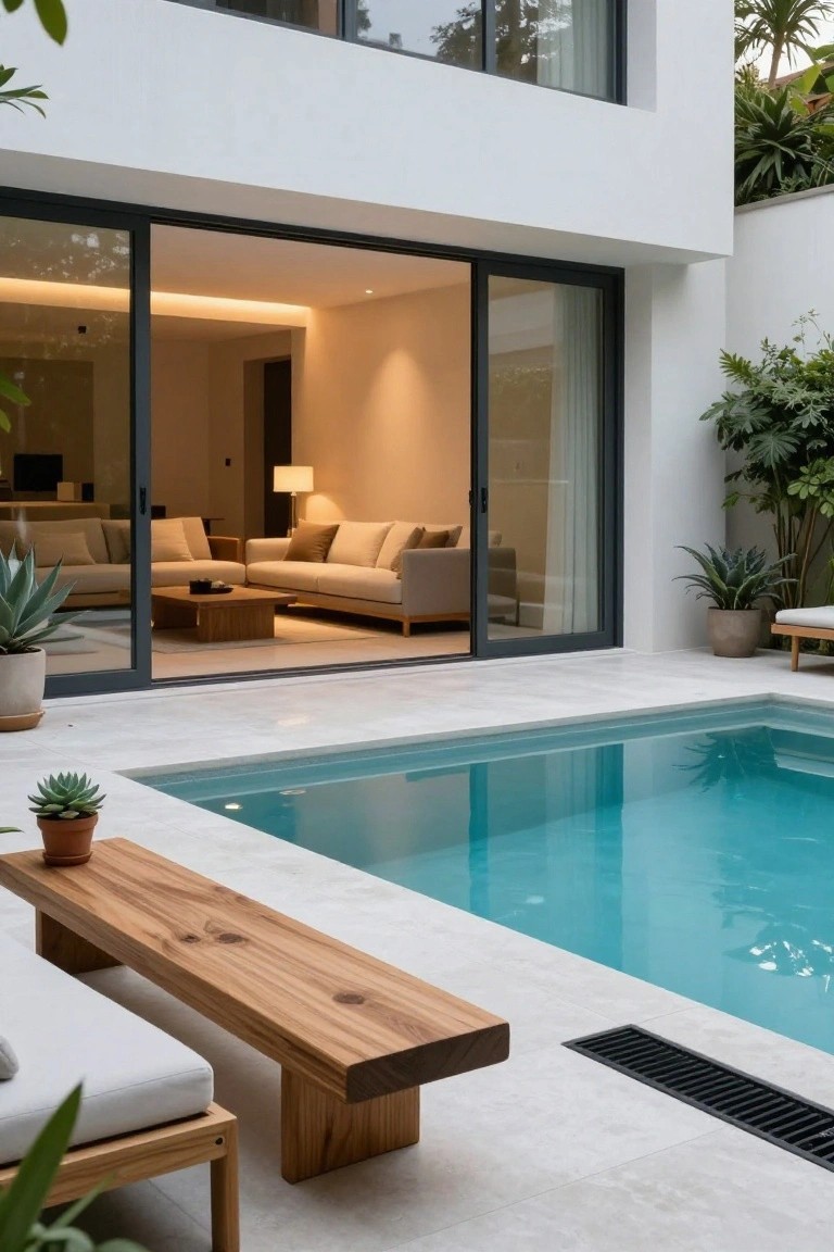 Small turquoise pool on light tiled deck with long wooden bench, white outdoor lounger, potted plants, and sliding glass doors to indoor living area with beige sofa and lamp.