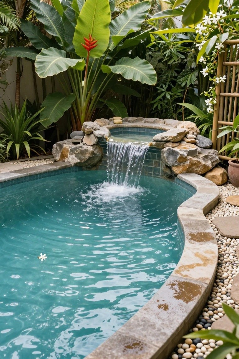 A curved turquoise-tiled pool with a natural stone waterfall cascading into the water, surrounded by tropical plants, rocks, and pebble ground cover.
