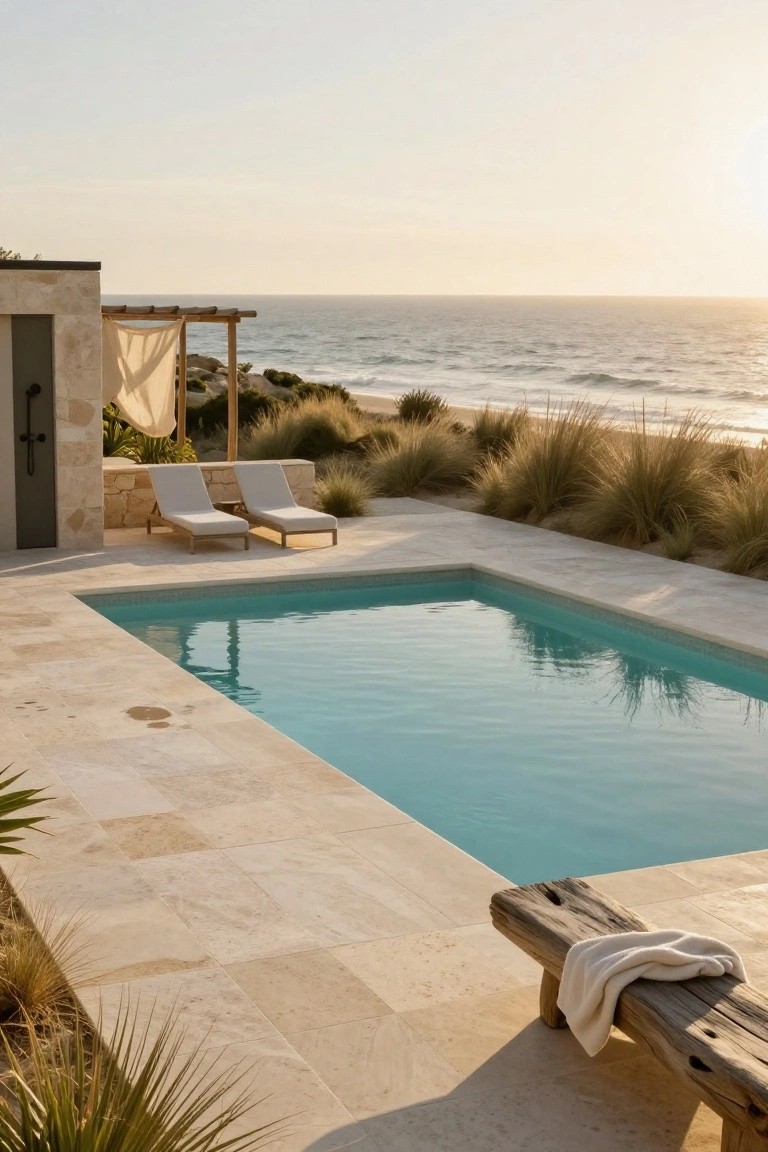Rectangular turquoise pool surrounded by light travertine decking, with two white loungers, wooden bench draped with white towel, grasses and plants along edges, outdoor shower enclosure, and ocean view at sunset.